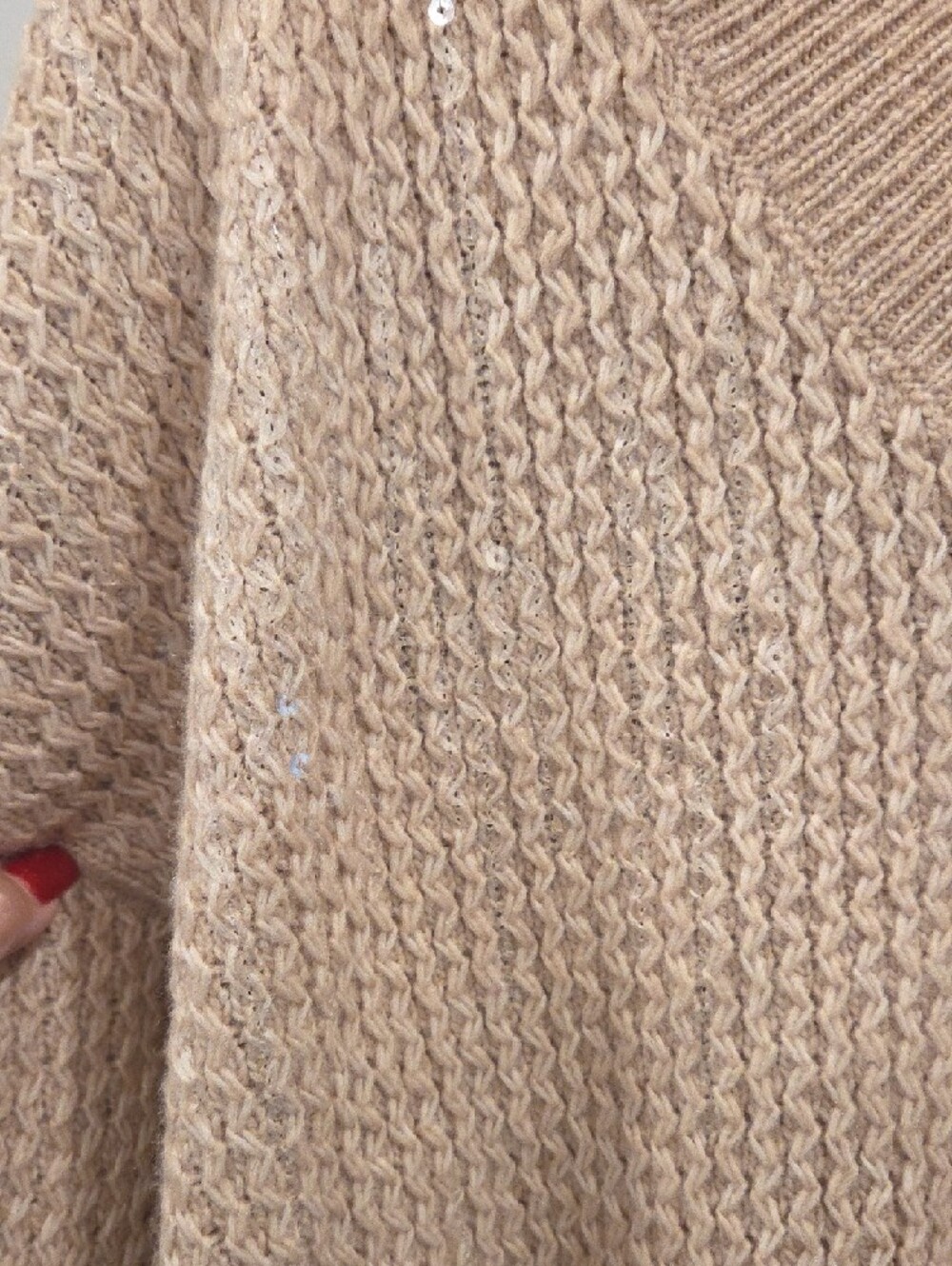Nine West Beige V-Neck Chunky Knit Sweater With Shimmer Sequin - Picture 3 of 6